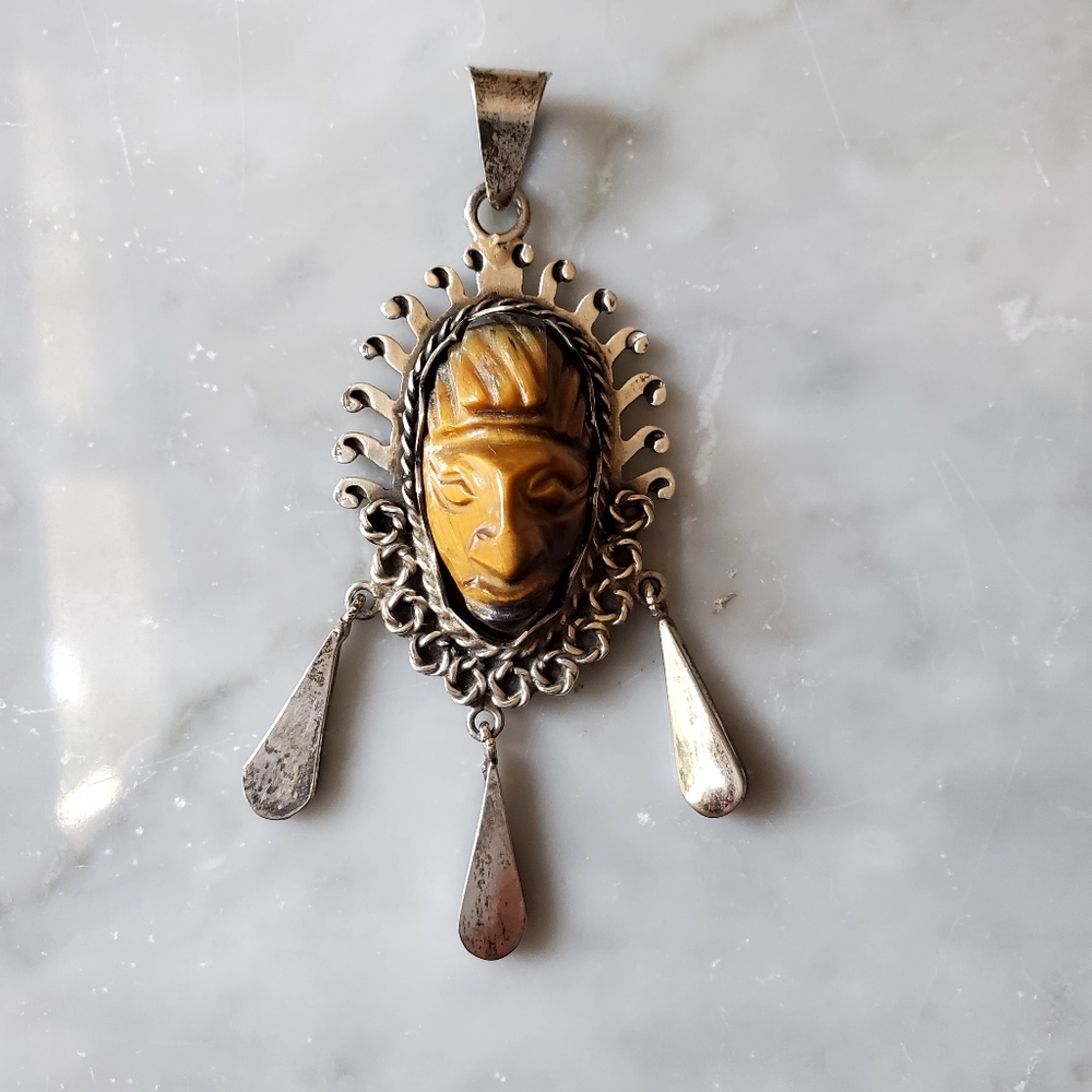 Aztec Sterling Silver 925 Tiger Eye Carved Mask Vintage Pendant